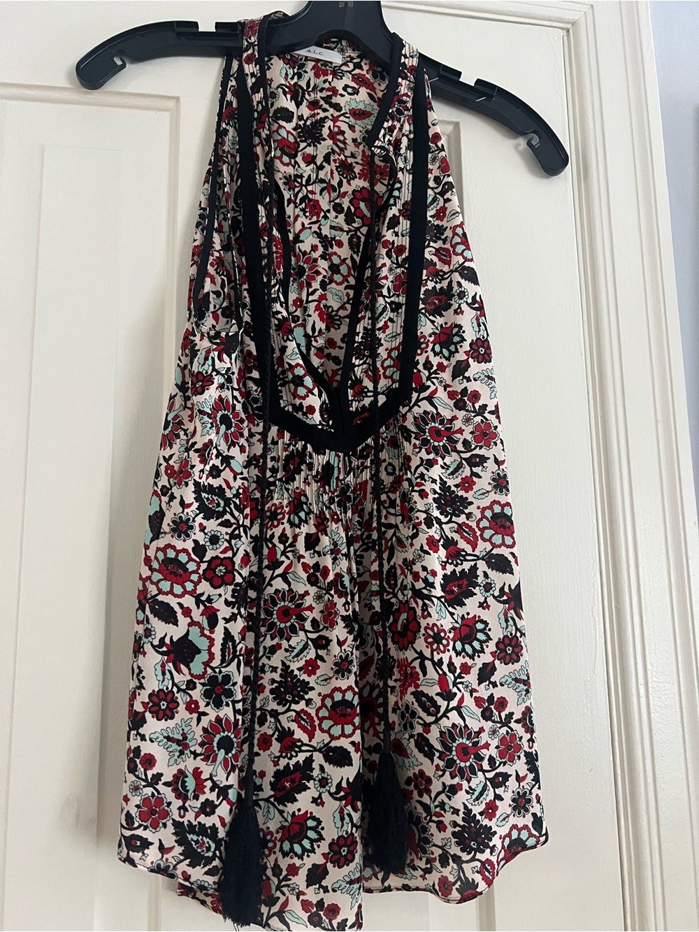 A.L.C. Floral V-Neck Halter Top — Red, Black, Cream